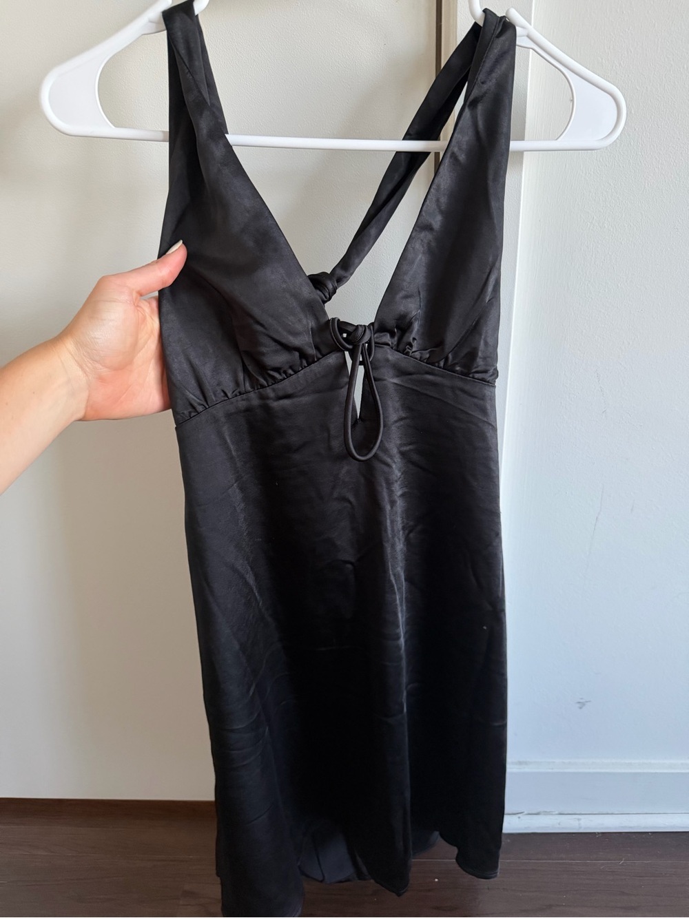 Princess Polly Black Satin Slip Dress with V-Neck Tie Detail